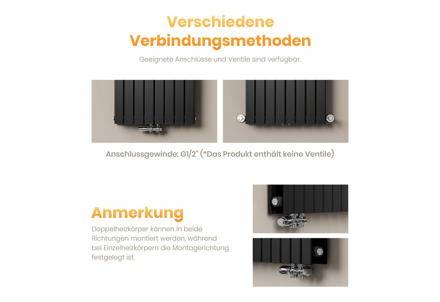 EMKE Heizkörper Schwarz Einlagig/Doppellagig Flach Paneelheizkörper, Breite: 30cm Bad Design Heizkörper Mittelanschluss – Bild 4 von 5