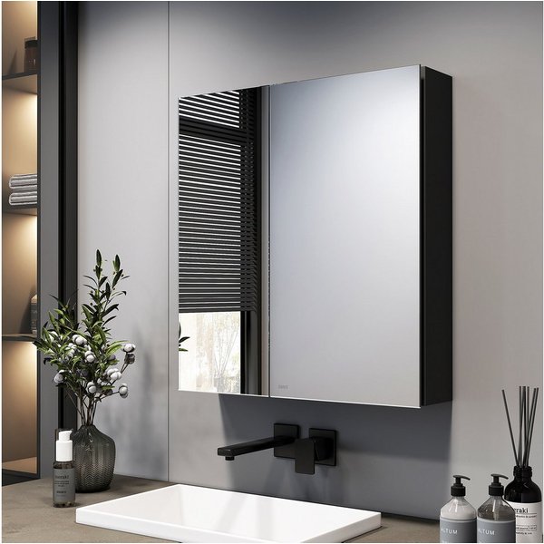 EMKE Spiegelschrank badspiegelschrank, 2-türig, ohne Beleuchtung, 60 × 65 cm Aluminiumkorpus, Innen-/Außenspiegel, Soft-Close, 2 Glasböden