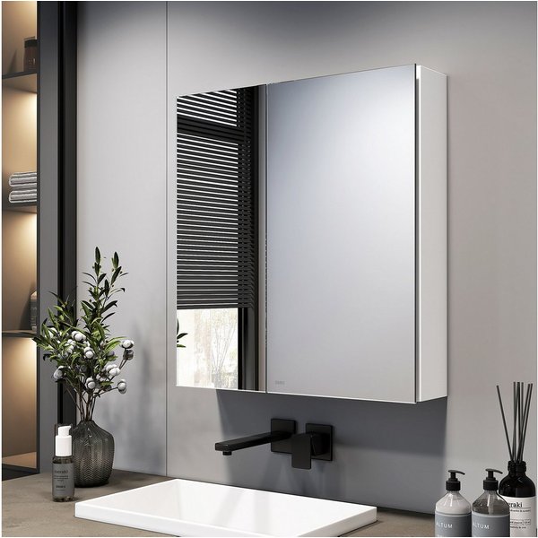 EMKE Spiegelschrank badspiegelschrank, 2-türig, ohne Beleuchtung, 60 × 65 cm Aluminiumkorpus, Innen-/Außenspiegel, Soft-Close, 2 Glasböden