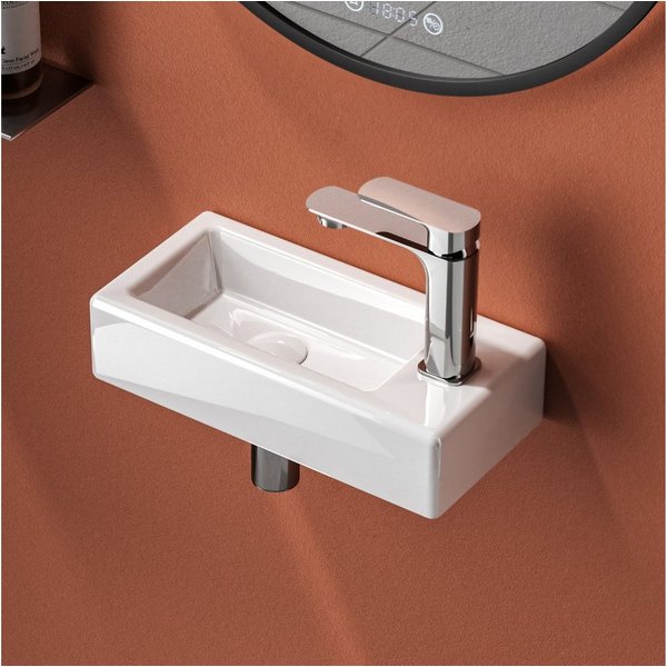 EMKE Waschbecken Hängewaschbecken, Aufsatzwaschbecken aus Keramik für Bad /Gäste-WC, mit Hahnlöcher Rechts,Waschschale Eckig Weiß Spülbecken