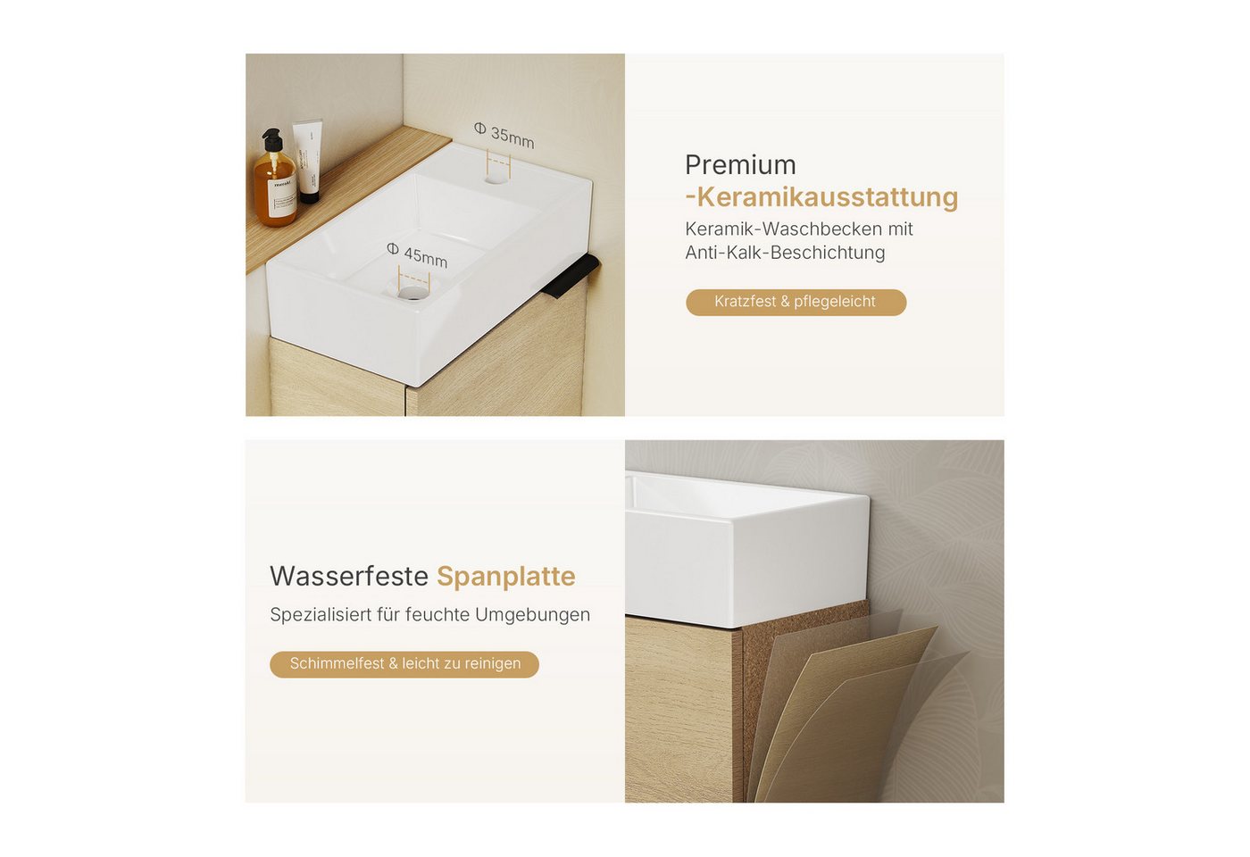 EMKE Waschtisch Waschtisch mit Unterschrank 41,7 cm klein Badmöbel für bad und wc (2-St), Waschtischunterschrank mit Waschbecken, hängend Wandmontage – Bild 3 von 5