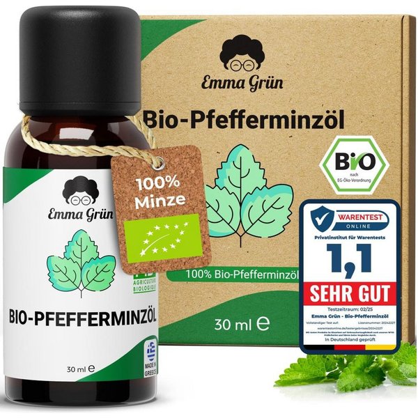 Emma Grün Duftöl Bio Pfefferminze 30 ml, naturrein & hochdosiert (Set, Je nach Auswahl: 1x, 2x oder 5x Bio Pfefferminzöl 30 ml), Höchste Bio-Zertifizierung als