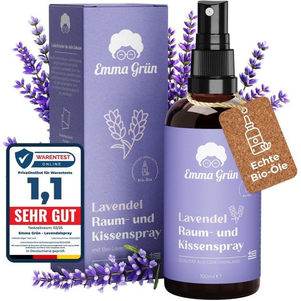 Emma Grün Duftöl Lavendel Kissenspray 100 ml, mit Bio Lavendelöl (Set, Je nach Auswahl: 1x, 2x oder 5x Raumspray Lavendel 100 ml), Höchste Bio-Zertifizierung de