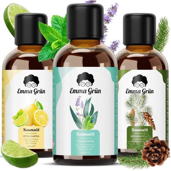 Emma Grün Sauna-Aufgussset holzig, frisch & spritzig, 3x 100ml (3-tlg) 100% naturreine ätherische Bio-Öle