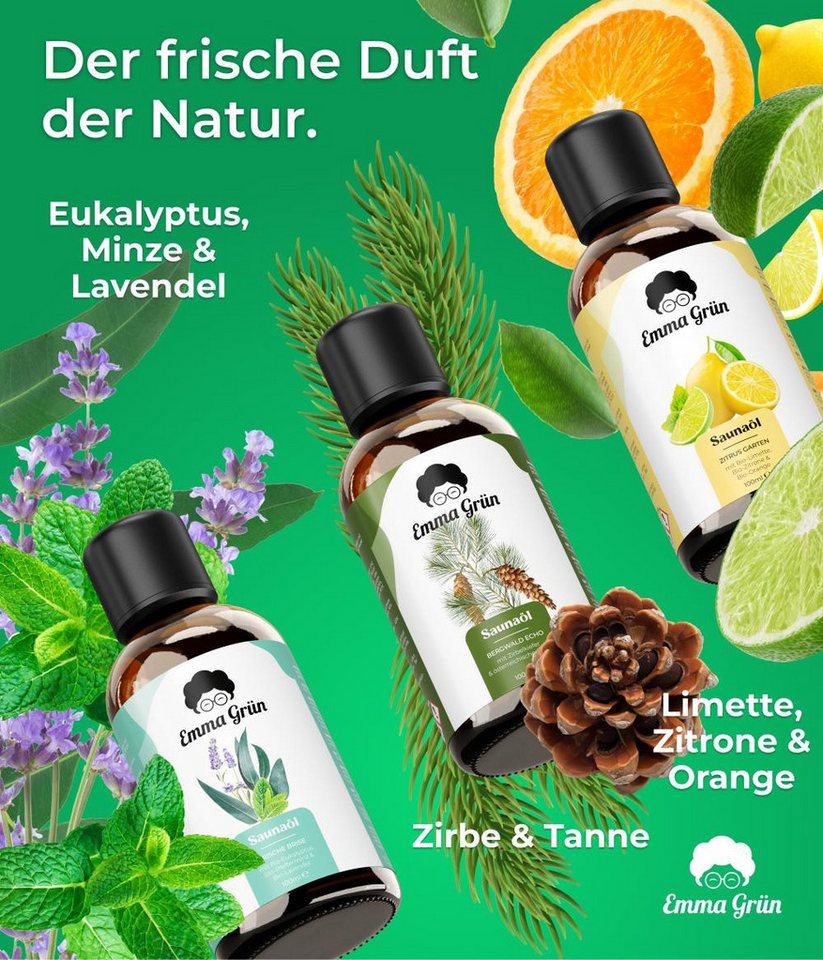Emma Grün Sauna-Aufgussset holzig, frisch & spritzig, 3x 100ml (3-tlg) 100% naturreine ätherische Bio-Öle – Bild 4 von 5