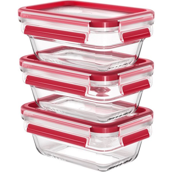 Emsa Aufbewahrungsschüssel Clip & Close Glas, Glas, Polyprophylen (PP), (Set, 3-tlg), 0,45 Liter, rechteckig, Stapelkante, backofenfest, dicht