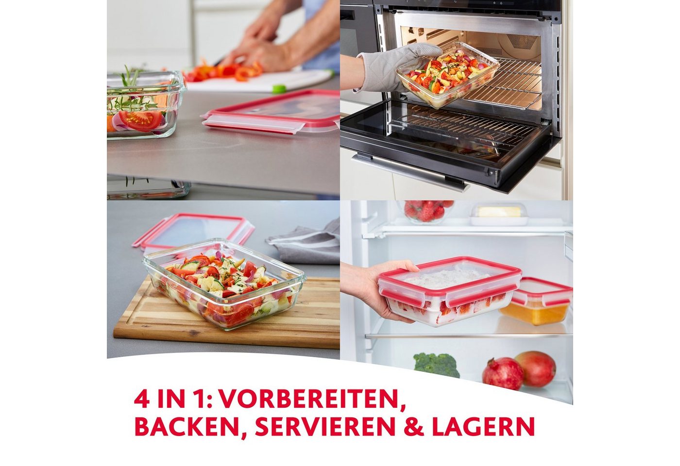 Emsa Frischhaltedose Clip & Close Glas Set, rechteckig, 100 % dichte Aufbewahrungsboxen, Glas, (Set, 4-tlg., 4 Dosen mit Deckel), spülmaschinen-, gefrier-, back – Bild 5 von 5