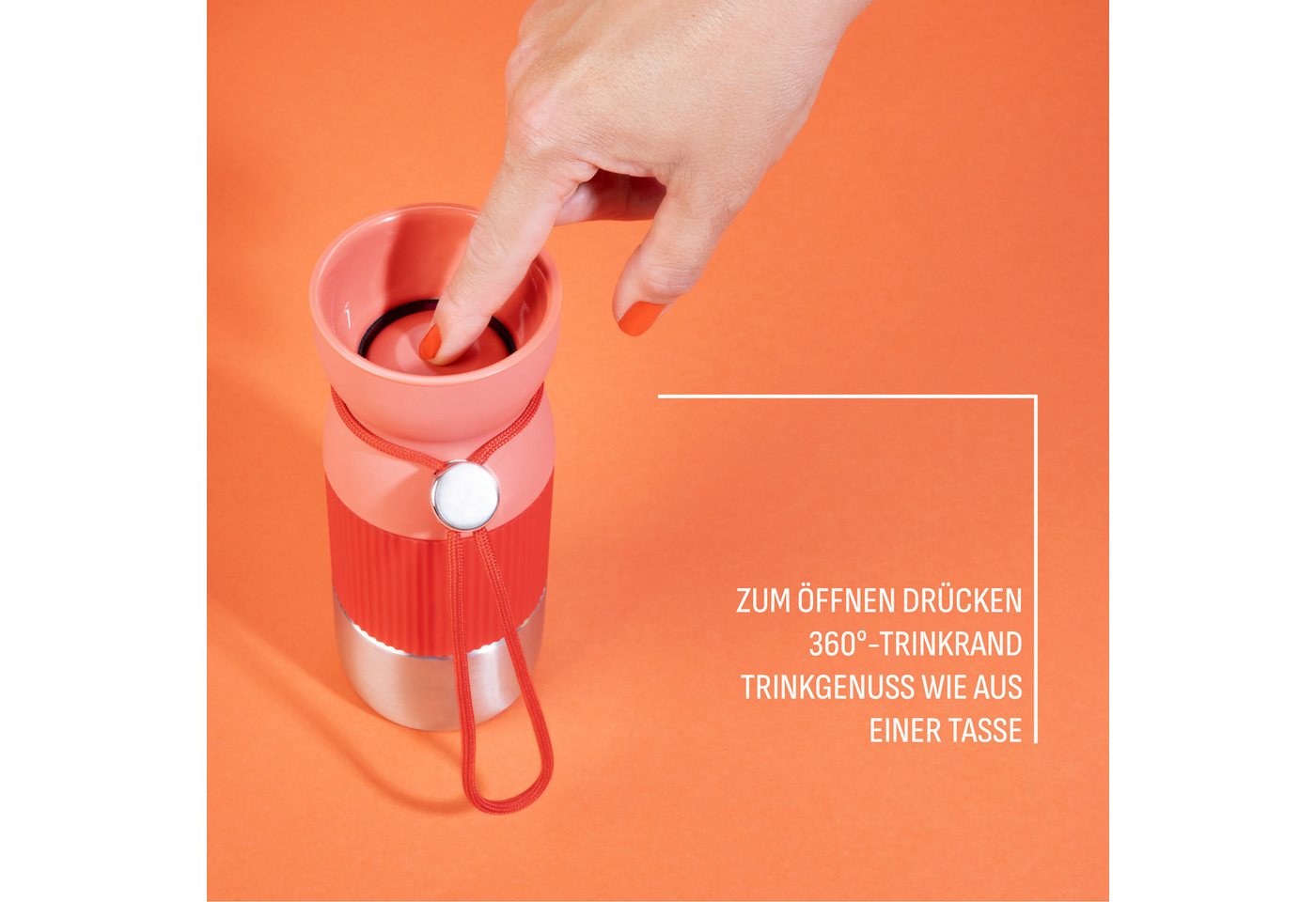 Emsa Thermobecher beYou Cup, 1-tlg., Edelstahl, Polypropylen, Silikon, 0,36 Liter, aromatischer Trinkgenuss, 100% dicht, mit Trageband – Bild 2 von 5