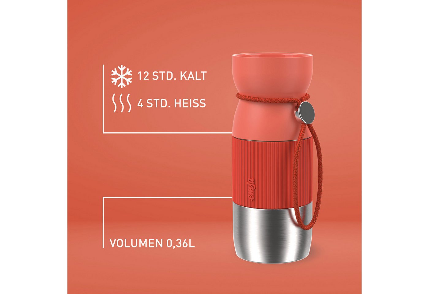 Emsa Thermobecher beYou Cup, 1-tlg., Edelstahl, Polypropylen, Silikon, 0,36 Liter, aromatischer Trinkgenuss, 100% dicht, mit Trageband – Bild 4 von 5