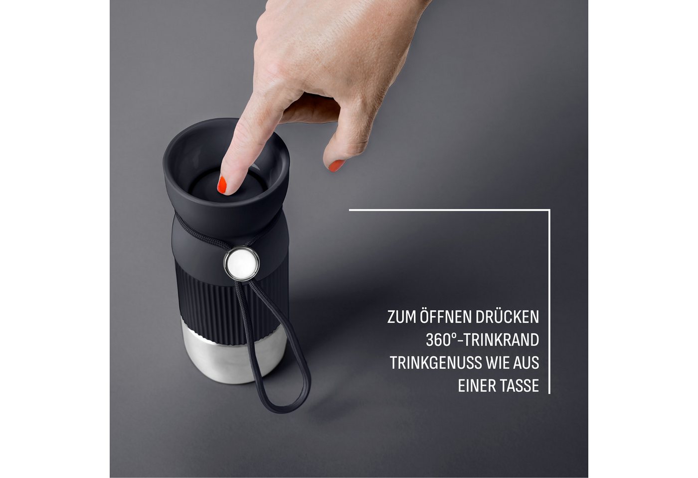 Emsa Thermobecher beYou Cup, 1-tlg., Edelstahl, Polypropylen, Silikon, 0,36 Liter, aromatischer Trinkgenuss, 100% dicht, mit Trageband – Bild 2 von 5
