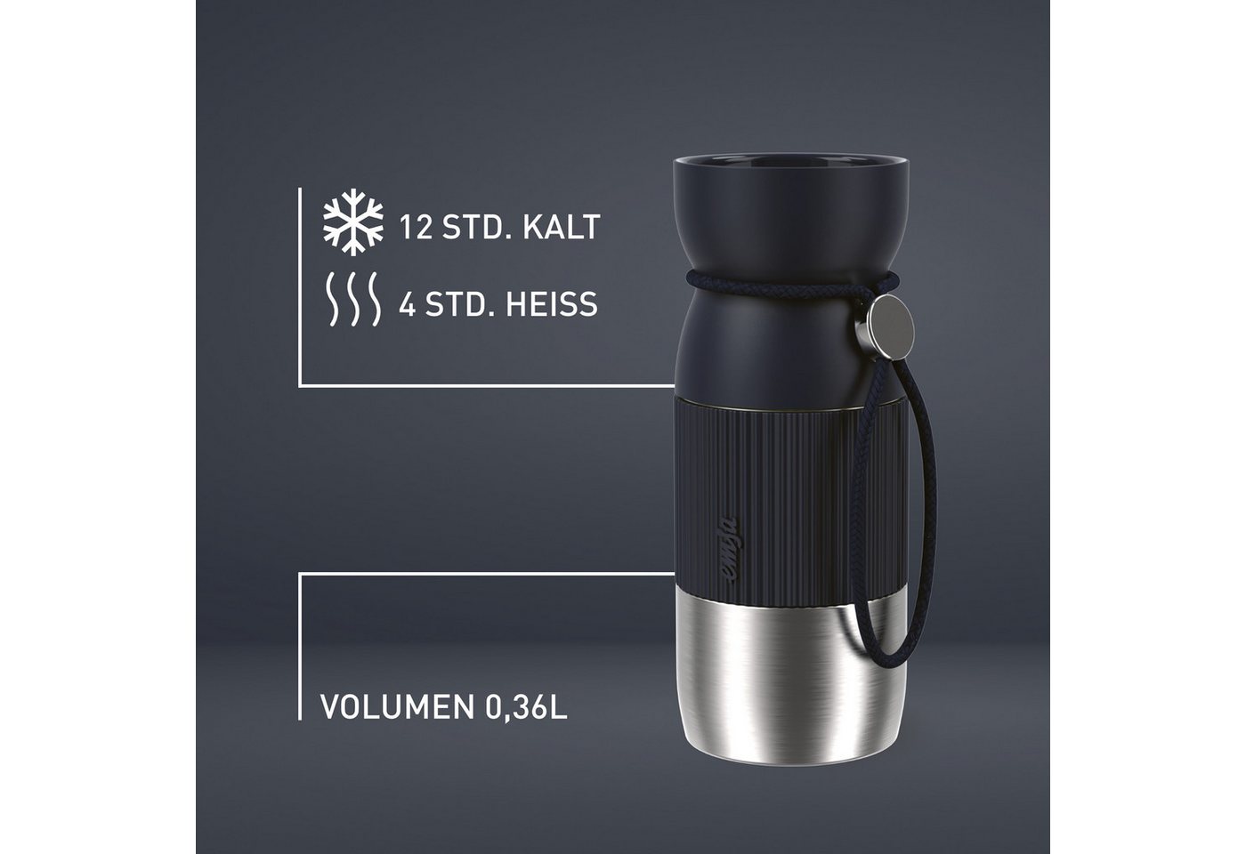 Emsa Thermobecher beYou Cup, 1-tlg., Edelstahl, Polypropylen, Silikon, 0,36 Liter, aromatischer Trinkgenuss, 100% dicht, mit Trageband – Bild 4 von 5