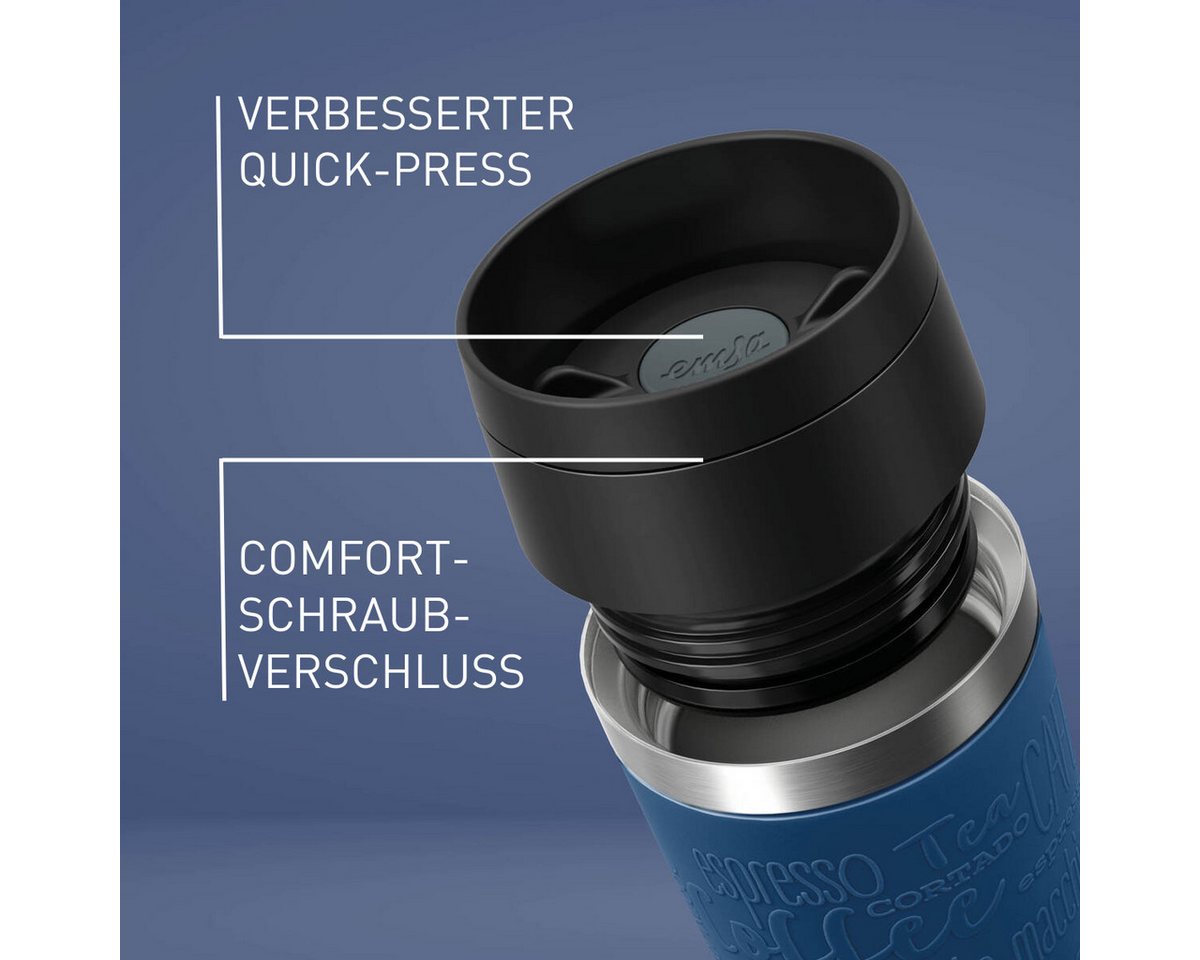 Emsa Thermobecher Travel Mug Classic, mit 360°-Trinköffnung, auslaufsicher, rutschfest, Edelstahl, Kunststoff, Silikon, 4h heiß, 8h kalt - 360 ml / 6h heiß, 12h – Bild 2 von 5