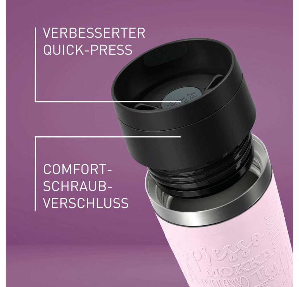 Emsa Thermobecher Travel Mug Classic, mit 360°-Trinköffnung, auslaufsicher, rutschfest, Edelstahl, Kunststoff, Silikon, 4h heiß, 8h kalt - 360 ml / 6h heiß, 12h – Bild 2 von 5
