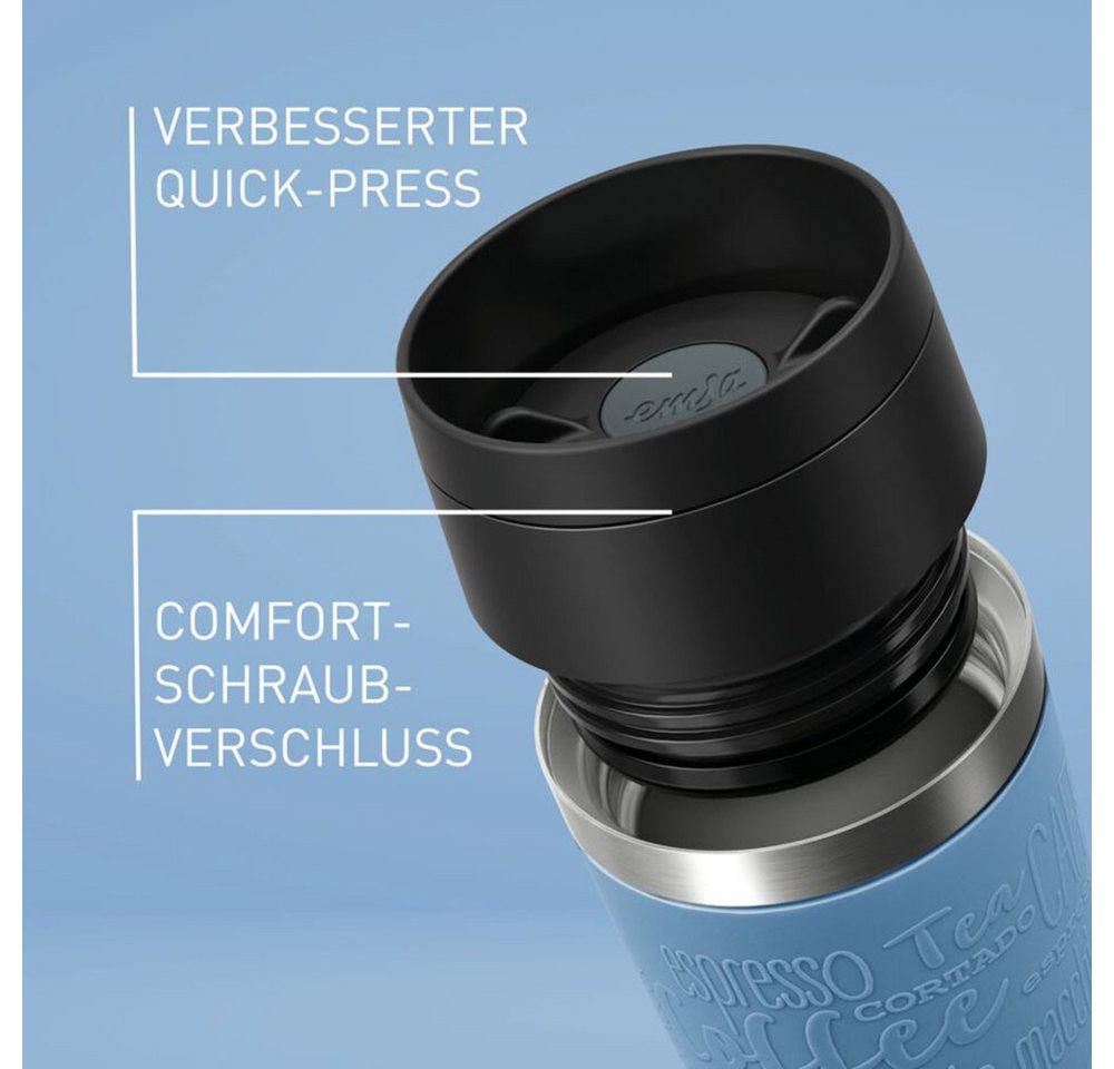 Emsa Thermobecher Travel Mug Classic, mit 360°-Trinköffnung, auslaufsicher, rutschfest, Edelstahl, Kunststoff, Silikon, 4h heiß, 8h kalt - 360 ml / 6h heiß, 12h – Bild 2 von 5