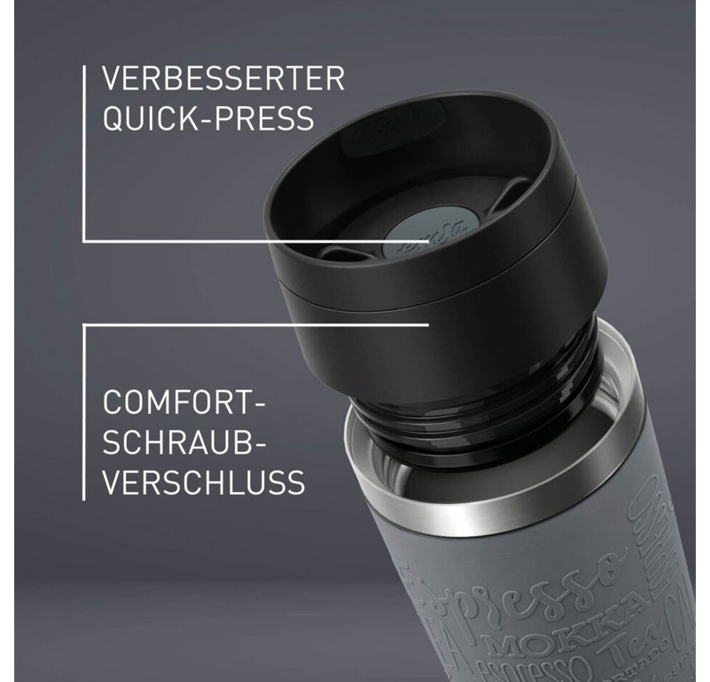 Emsa Thermobecher Travel Mug Classic, mit 360°-Trinköffnung, auslaufsicher, rutschfest, Edelstahl, Kunststoff, Silikon, 4h heiß, 8h kalt - 360 ml / 6h heiß, 12h – Bild 2 von 5