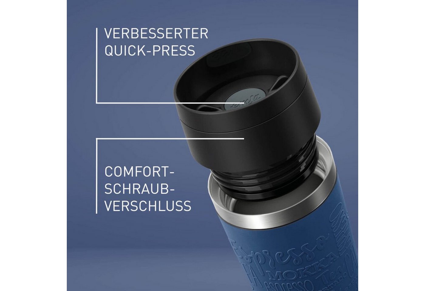 Emsa Thermobecher Travel Mug Classic, mit 360°-Trinköffnung, auslaufsicher, rutschfest, Edelstahl, Kunststoff, Silikon, 4h heiß, 8h kalt - 360 ml / 6h heiß, 12h – Bild 2 von 5