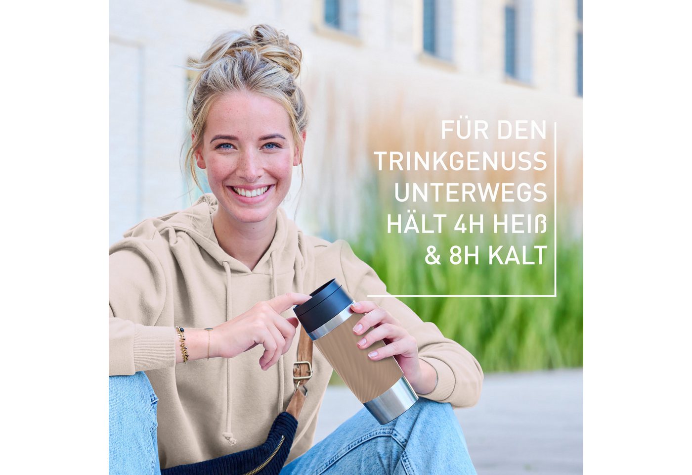 Emsa Thermobecher Travel Mug Classic Twist, 1-tlg., Edelstahl, Kunststoff, Silikon, 0,36 Liter, Comfort-Schraubverschluss, Quick-Press, auslaufsicher – Bild 4 von 5