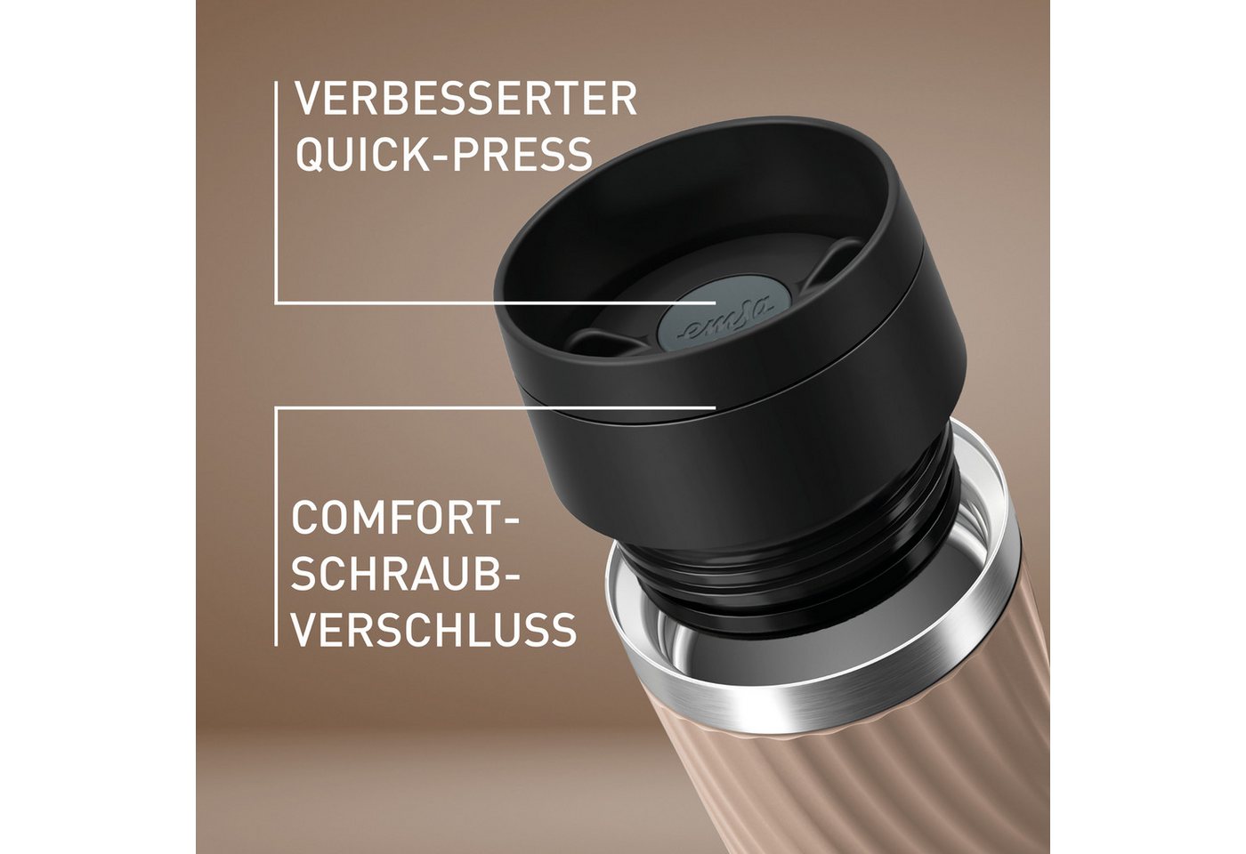 Emsa Thermobecher Travel Mug Classic Twist, 1-tlg., Edelstahl, Kunststoff, Silikon, 0,36 Liter, Comfort-Schraubverschluss, Quick-Press, auslaufsicher – Bild 5 von 5