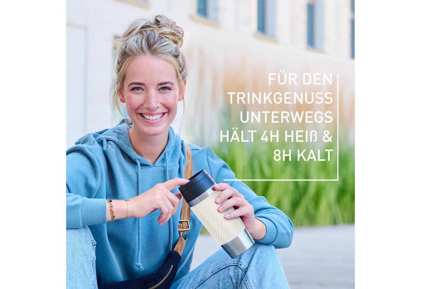 Emsa Thermobecher Travel Mug Classic Twist, 1-tlg., Edelstahl, Kunststoff, Silikon, 0,36 Liter, Comfort-Schraubverschluss, Quick-Press, auslaufsicher – Bild 4 von 5