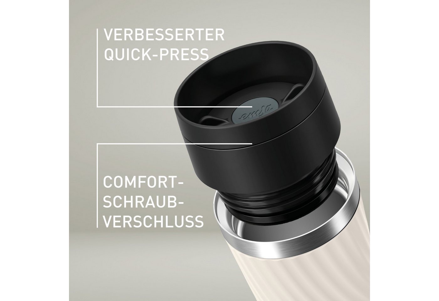 Emsa Thermobecher Travel Mug Classic Twist, 1-tlg., Edelstahl, Kunststoff, Silikon, 0,36 Liter, Comfort-Schraubverschluss, Quick-Press, auslaufsicher – Bild 5 von 5