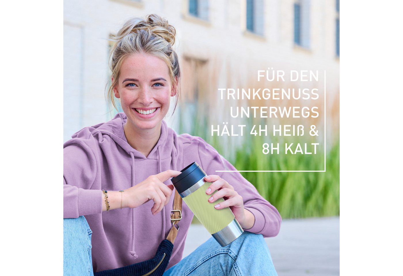 Emsa Thermobecher Travel Mug Classic Twist, 1-tlg., Edelstahl, Kunststoff, Silikon, 0,36 Liter, Comfort-Schraubverschluss, Quick-Press, auslaufsicher – Bild 4 von 5