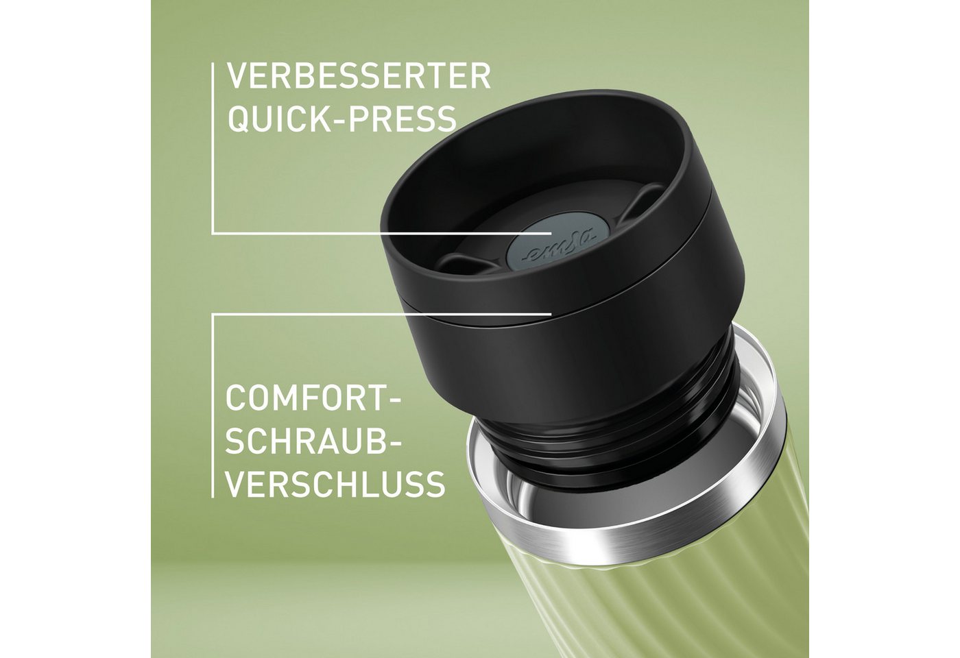 Emsa Thermobecher Travel Mug Classic Twist, 1-tlg., Edelstahl, Kunststoff, Silikon, 0,36 Liter, Comfort-Schraubverschluss, Quick-Press, auslaufsicher – Bild 5 von 5