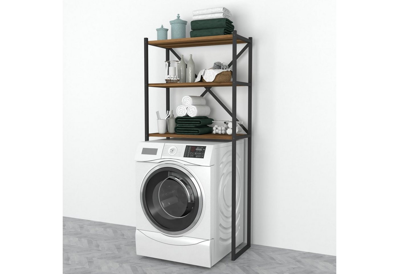 en.casa Badregal, Askersund Waschmaschinenregal 160x66x34cm Walnuss-Optik – Bild 2 von 5