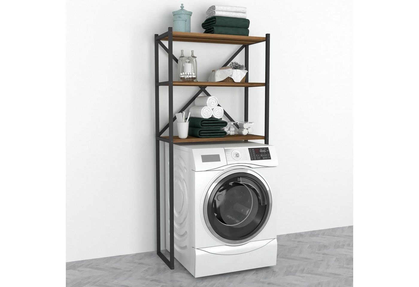 en.casa Badregal, Askersund Waschmaschinenregal 160x66x34cm Walnuss-Optik – Bild 3 von 5