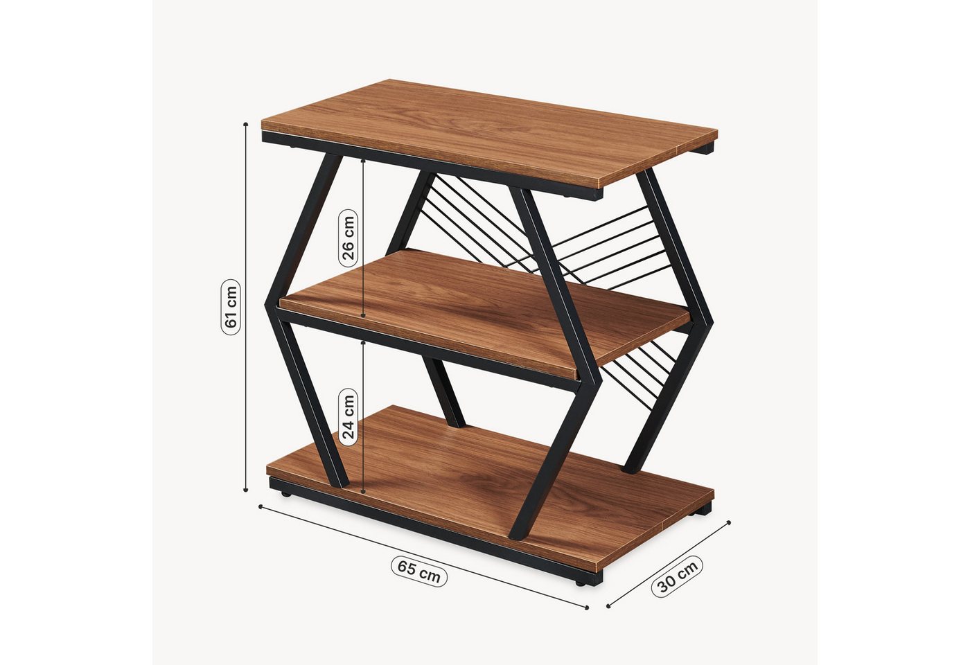 en.casa Beistelltisch, »Nolarg« mit 3 Ablagen 65 x 30 x 61 cm Schwarz/Walnussoptik – Bild 3 von 5