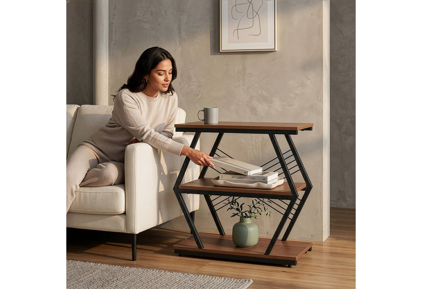 en.casa Beistelltisch, »Nolarg« mit 3 Ablagen 65 x 30 x 61 cm Schwarz/Walnussoptik – Bild 4 von 5