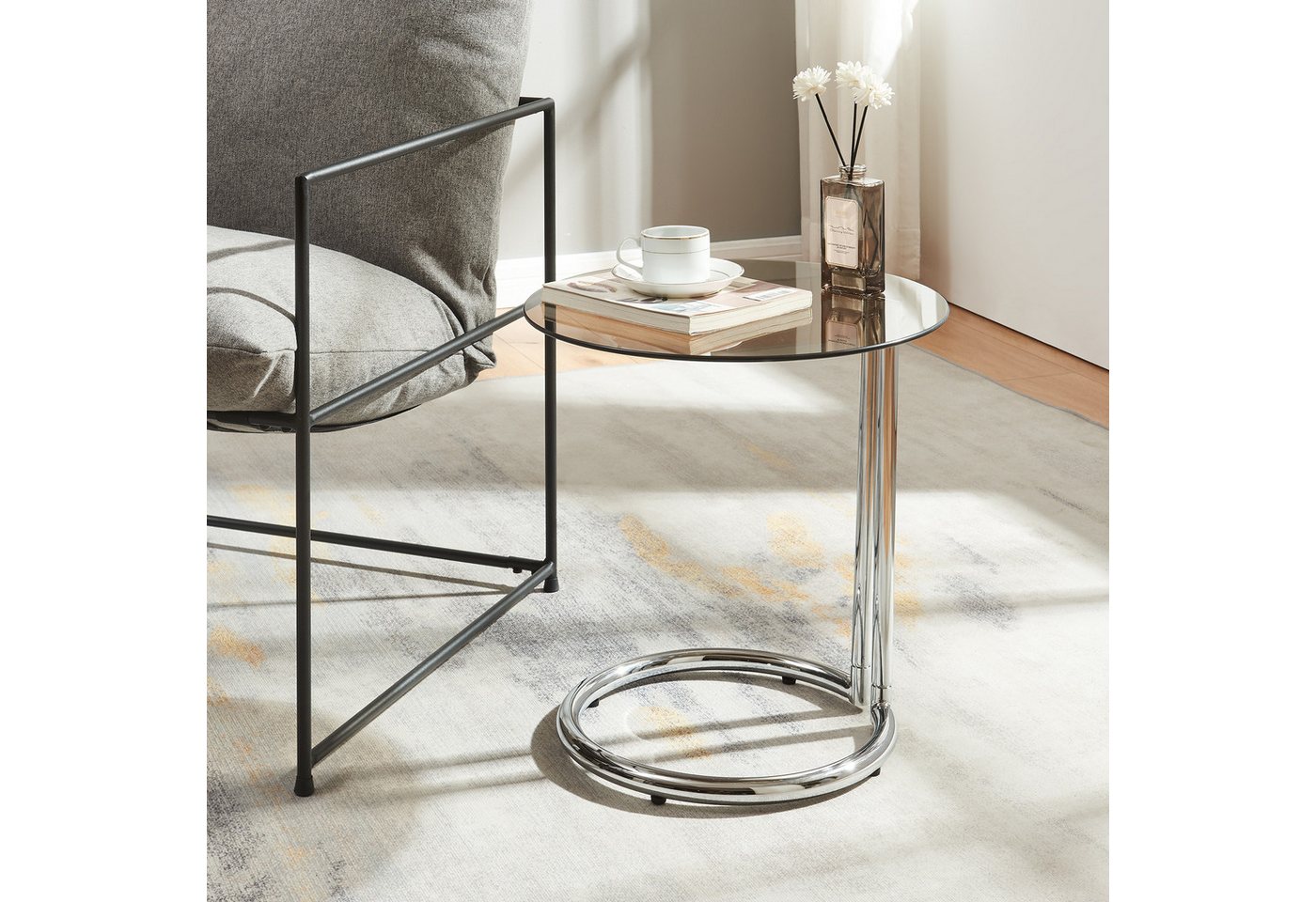en.casa Beistelltisch, »Ylivieska« mit Glasplatte 46 x Ø45 cm rund Chrom/Bronzeglas – Bild 2 von 5