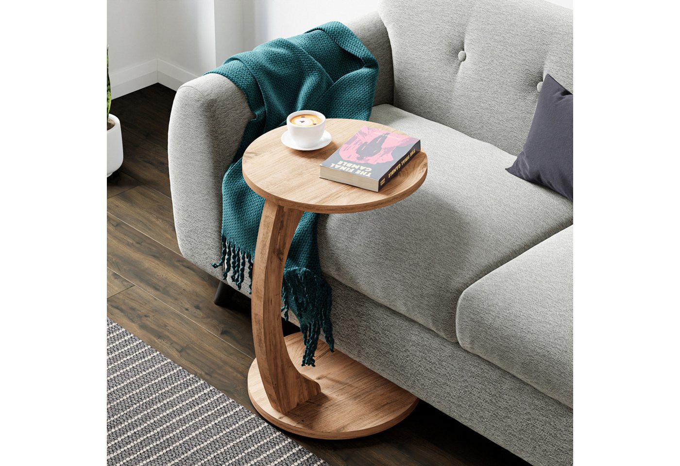 en.casa Beistelltisch, »Holeby« C-Form mit 4 Rollen rund 56 x Ø 38 cm Holzoptik – Bild 2 von 5