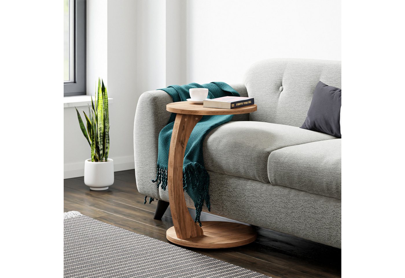 en.casa Beistelltisch, »Holeby« C-Form mit 4 Rollen rund 56 x Ø 38 cm Holzoptik – Bild 3 von 5