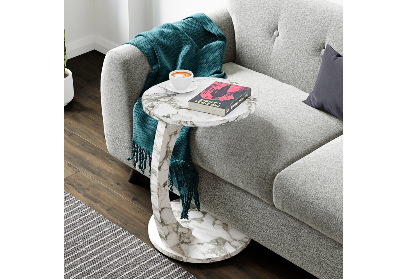 en.casa Beistelltisch, »Holeby« C-Form mit 4 Rollen rund 56xØ38 cm Marmoroptik, cremeweiß – Bild 2 von 5