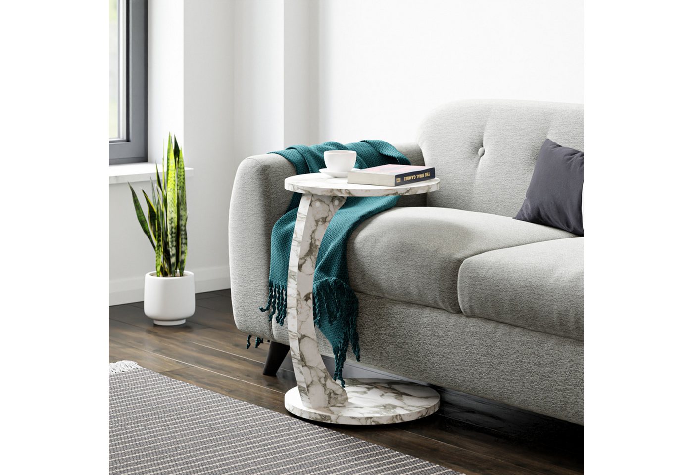 en.casa Beistelltisch, »Holeby« C-Form mit 4 Rollen rund 56xØ38 cm Marmoroptik, cremeweiß – Bild 3 von 5