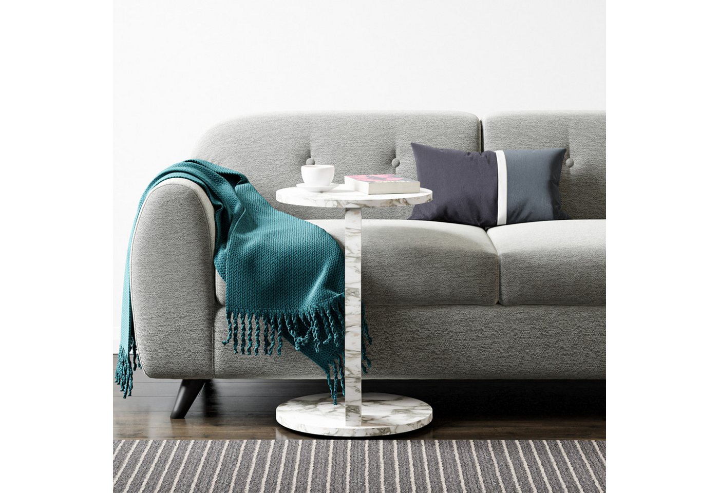 en.casa Beistelltisch, »Holeby« C-Form mit 4 Rollen rund 56xØ38 cm Marmoroptik, cremeweiß – Bild 4 von 5