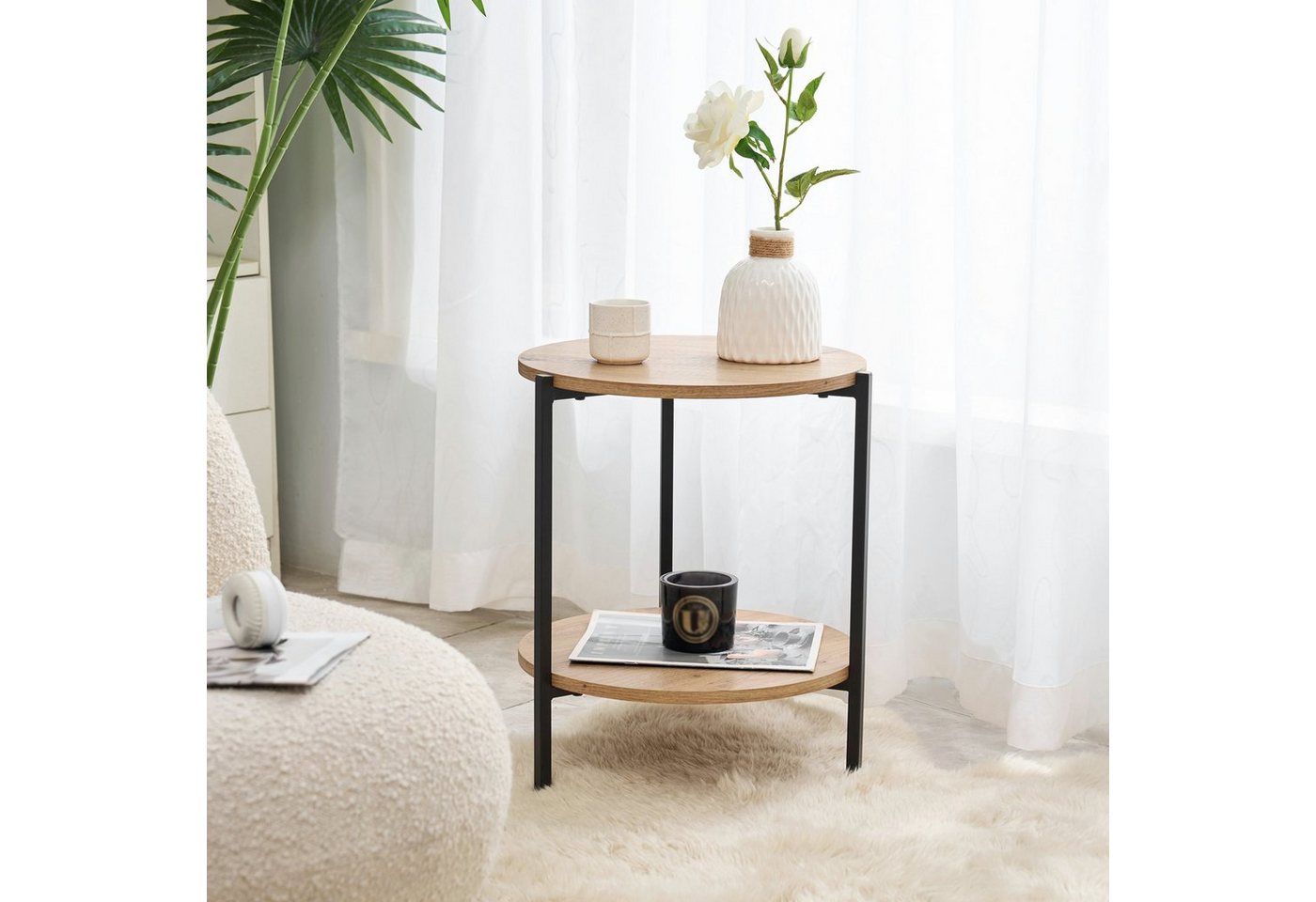 en.casa Beistelltisch, »Kuopio« Sofatisch aus Metall und MDF Ø40 cm Schwarz/Holzoptik – Bild 2 von 5