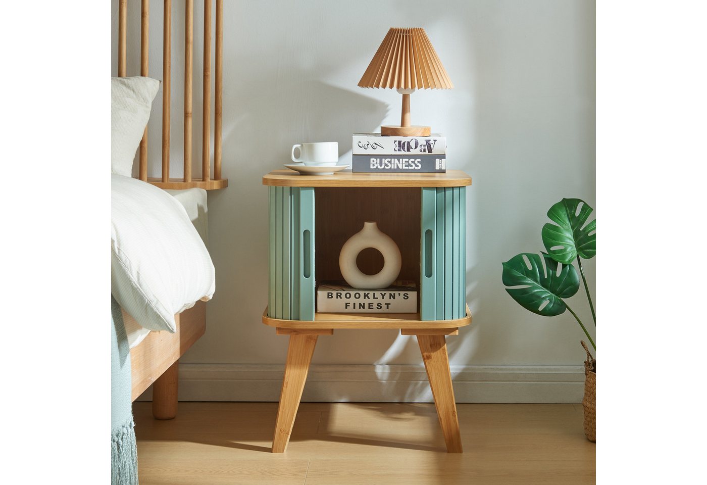 en.casa Beistelltisch, »Tysvær« mit 2 Schiebetüren 59 x 45 x 45 cm Bambus/Blau – Bild 2 von 5