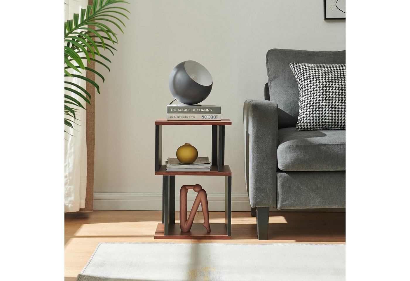 en.casa Beistelltisch, »Trond« mit 2 offenen Fächern 50 x 33 x 29 cm Schwarz/Walnussoptik – Bild 4 von 5