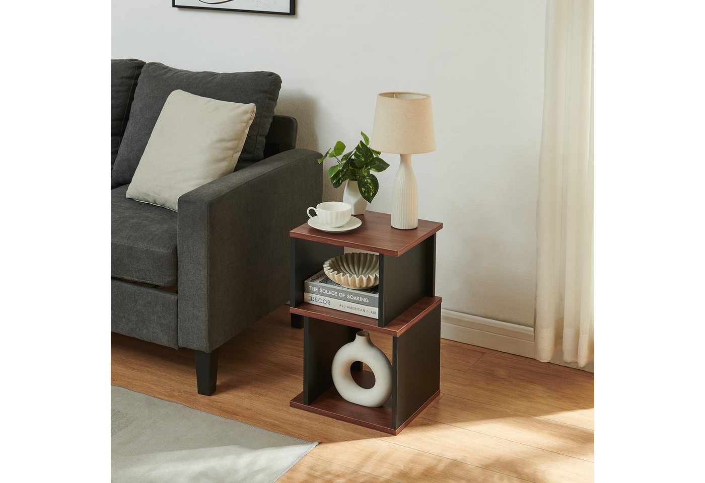 en.casa Beistelltisch, »Trond« mit 2 offenen Fächern 50 x 33 x 29 cm Schwarz/Walnussoptik – Bild 5 von 5