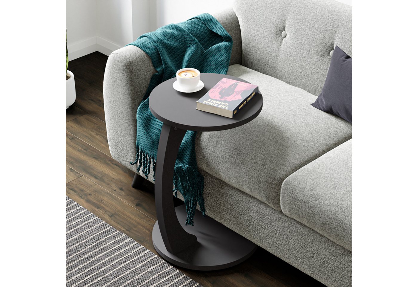 en.casa Beistelltisch, »Holeby« C-Form mit 4 Rollen rund 56 x Ø 38 cm Grau – Bild 2 von 5