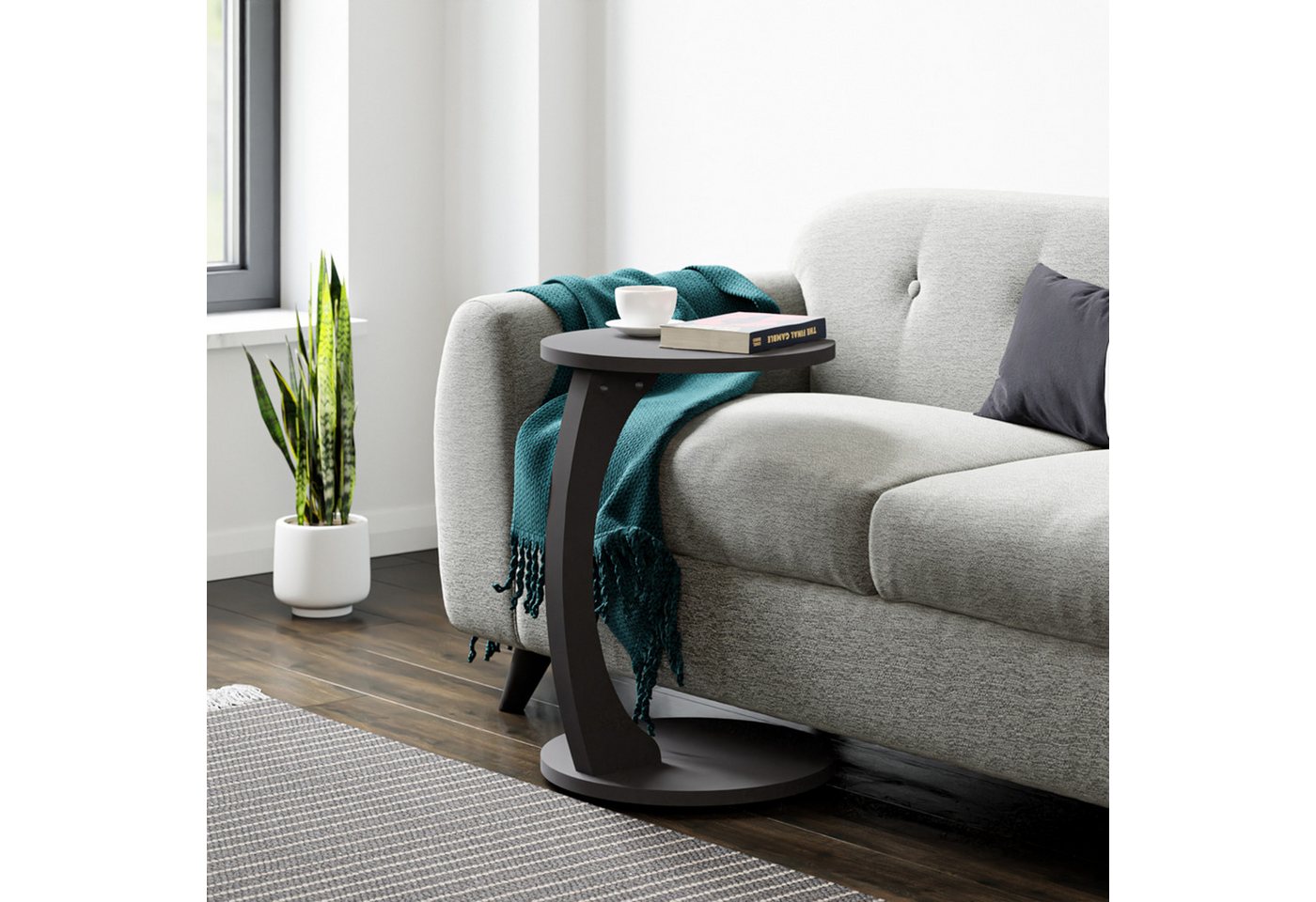 en.casa Beistelltisch, »Holeby« C-Form mit 4 Rollen rund 56 x Ø 38 cm Grau – Bild 3 von 5