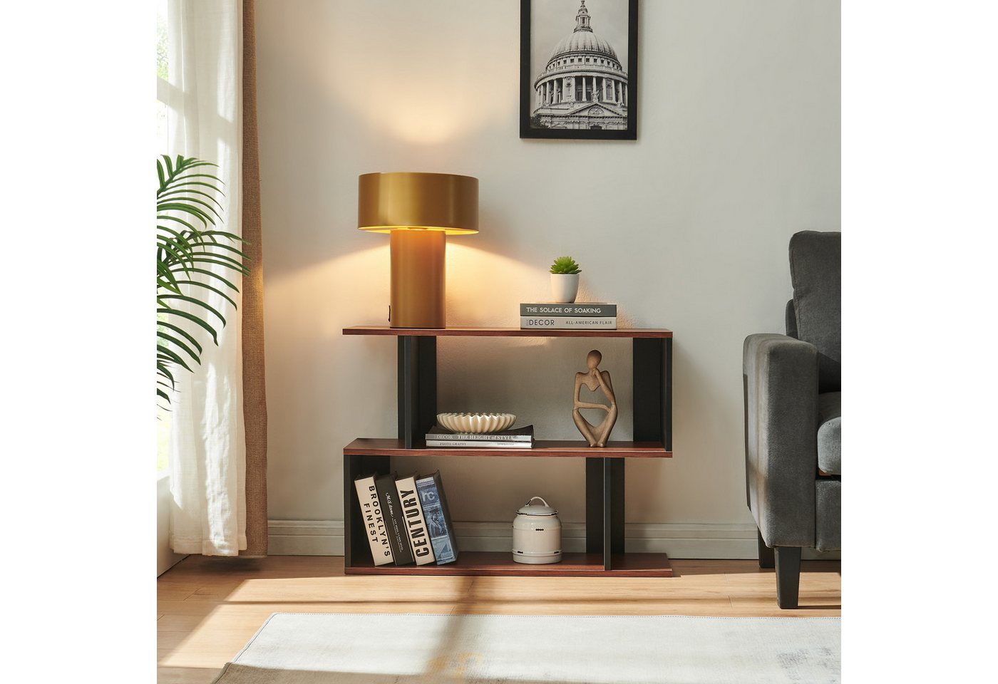 en.casa Beistelltisch, »Trond« mit 2 offenen Fächern 80 x 29 x 60 cm Schwarz/Walnussoptik – Bild 4 von 5