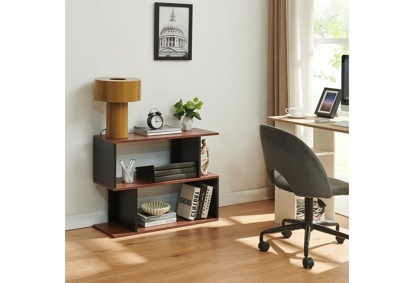 en.casa Beistelltisch, »Trond« mit 2 offenen Fächern 80 x 29 x 60 cm Schwarz/Walnussoptik – Bild 5 von 5