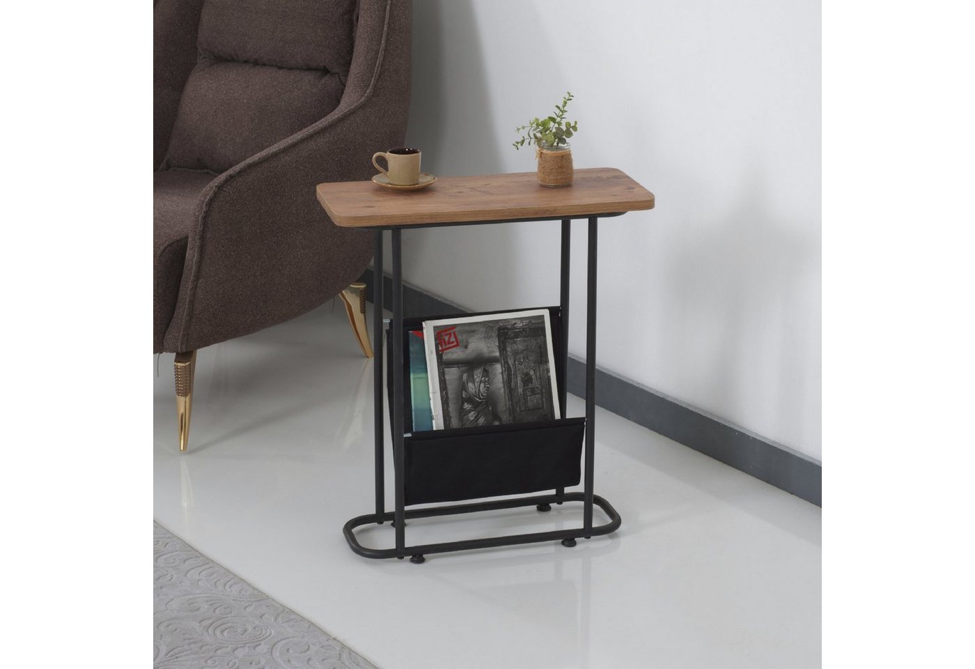 en.casa Beistelltisch, Bov Couchtisch mit Stauraum Schwarz/Walnuss-Optik – Bild 2 von 5