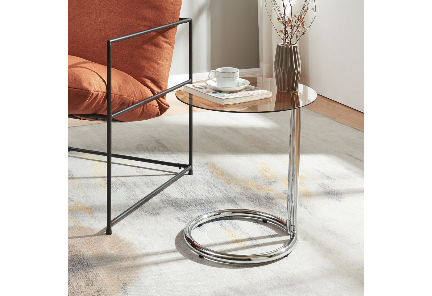 en.casa Beistelltisch, »Ylivieska« mit Glasplatte 46 x Ø45 cm rund Chrom/Bernsteinglas – Bild 2 von 5