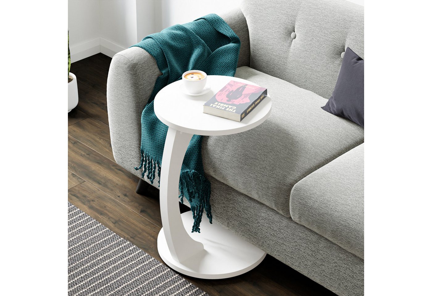 en.casa Beistelltisch, »Holeby« C-Form mit 4 Rollen rund 56 x Ø 38 cm Weiß – Bild 2 von 5