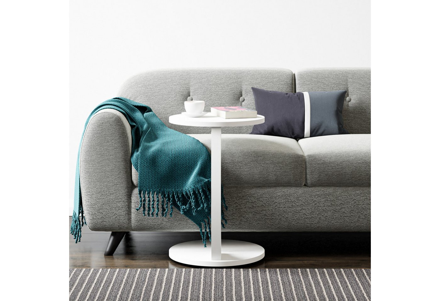 en.casa Beistelltisch, »Holeby« C-Form mit 4 Rollen rund 56 x Ø 38 cm Weiß – Bild 4 von 5