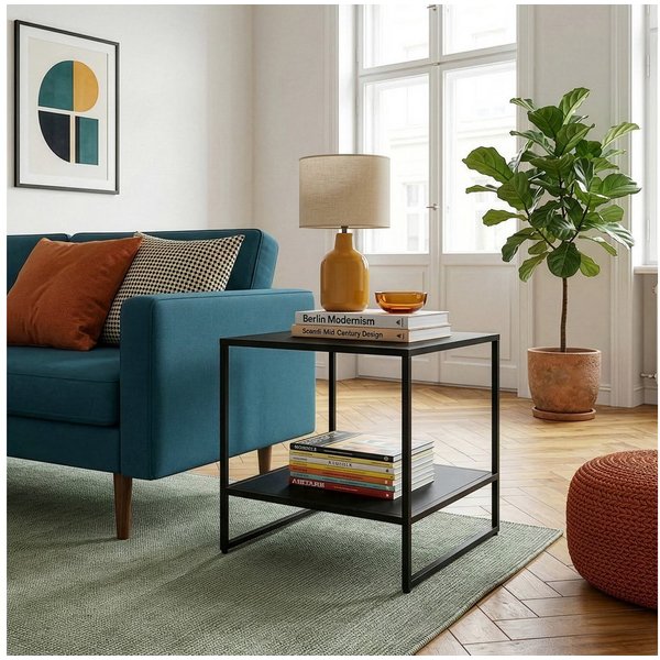 en.casa Beistelltisch, »Salsnes« 53 x 51 x 51 cm mit Ablage rechteckig Stahl Schwarz