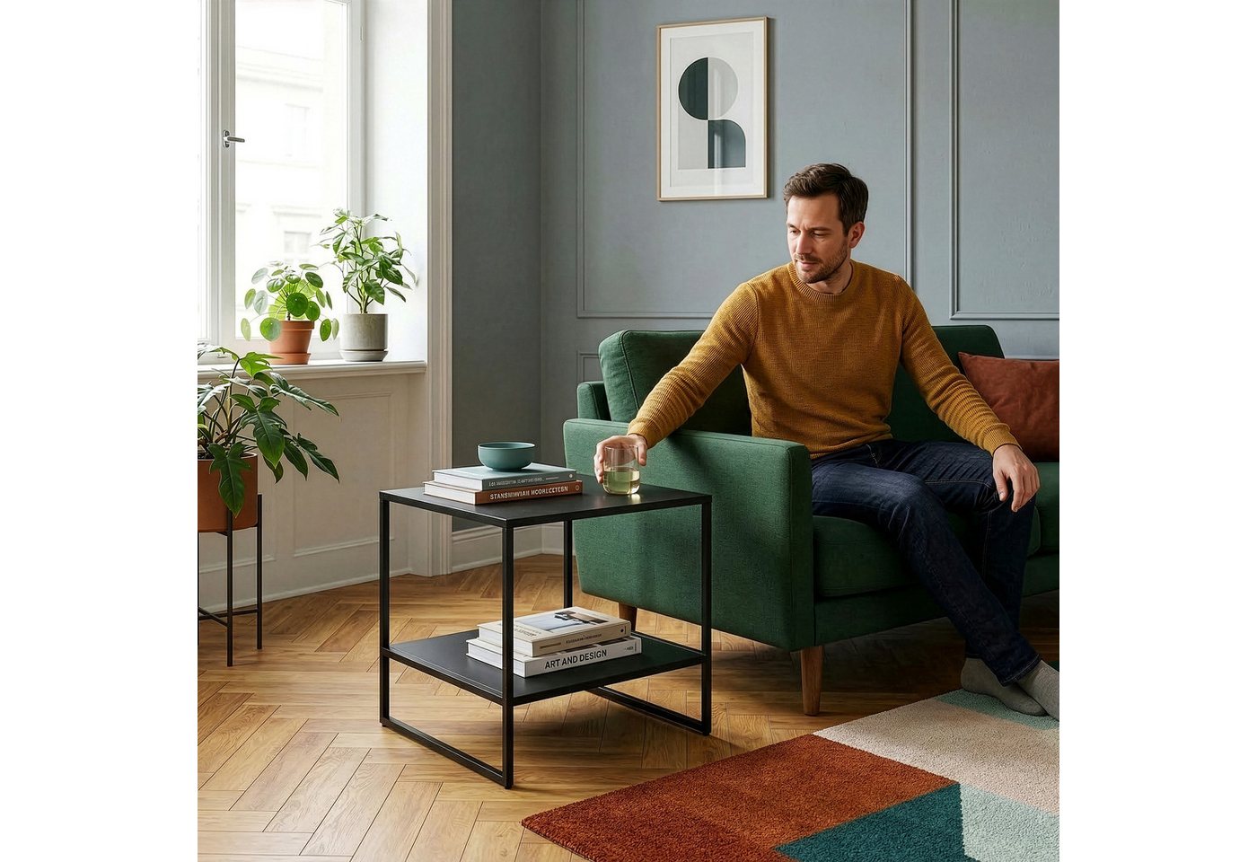 en.casa Beistelltisch, »Salsnes« 53 x 51 x 51 cm mit Ablage rechteckig Stahl Schwarz – Bild 4 von 5